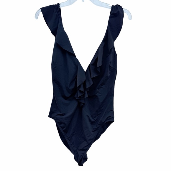 New White House Black Market WHBM One-piece Swimsuit Black Ruffles Sz large - Picture 2 of 5